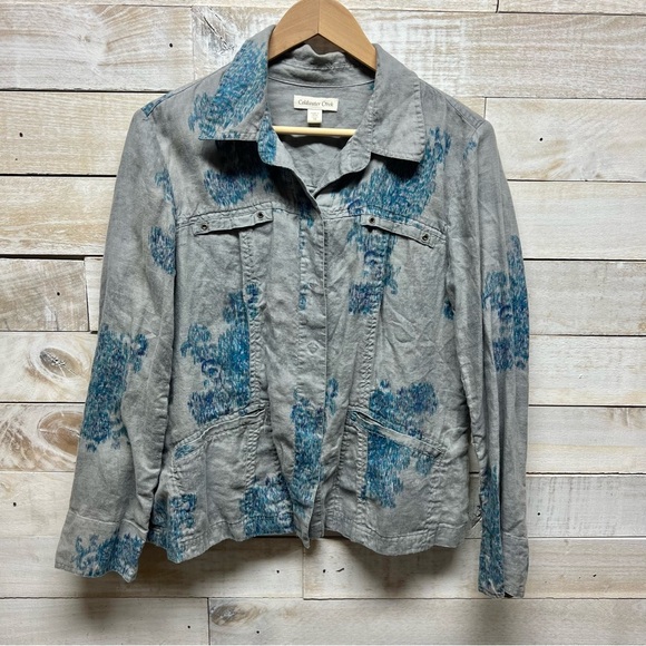Coldwater Creek Linen Jacket Womens 16‎ Gray Blue Floral Snap Front Cottagecore - Picture 1 of 11